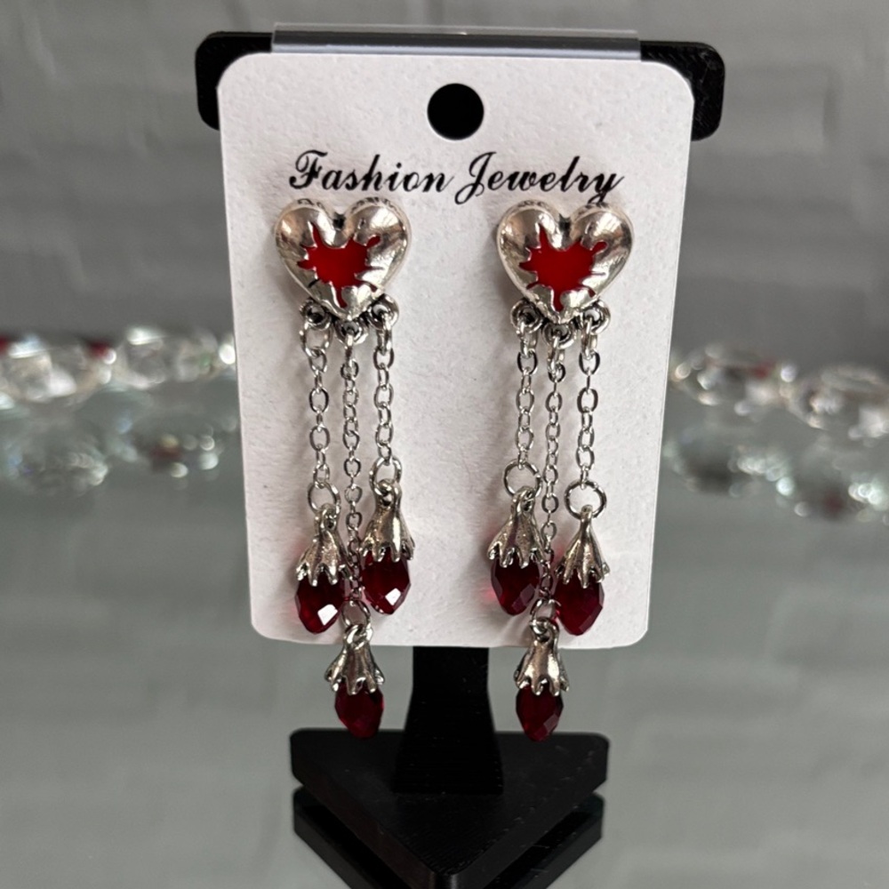 5/$25 (Pick 5 for $25 Labeled) Silvertone and Red Heart Dangle Earrings